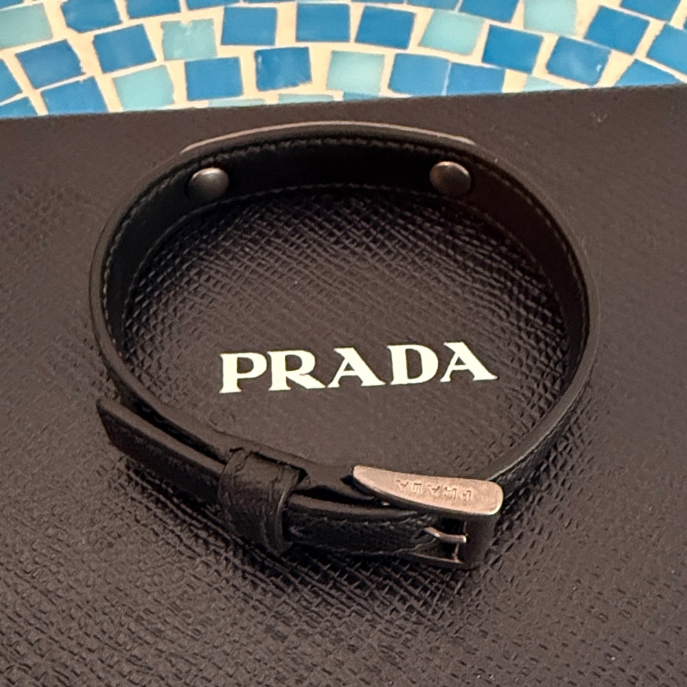 Prada Black Leather Bracelet with Brushed Metal Logo Plate - Picture 6 of 8